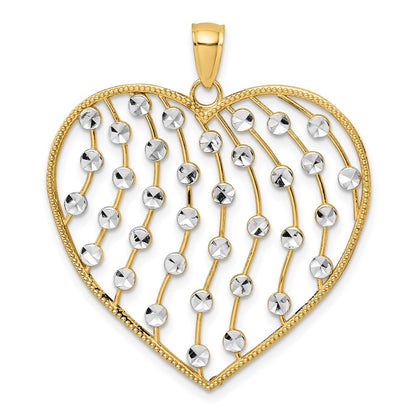 14k Yellow Gold with White Rhodium Diamond-cut Large Heart Pendant