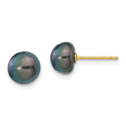 14k Yellow Gold 7-8mm Black Button Freshwater Cultured Pearl Stud Earrings
