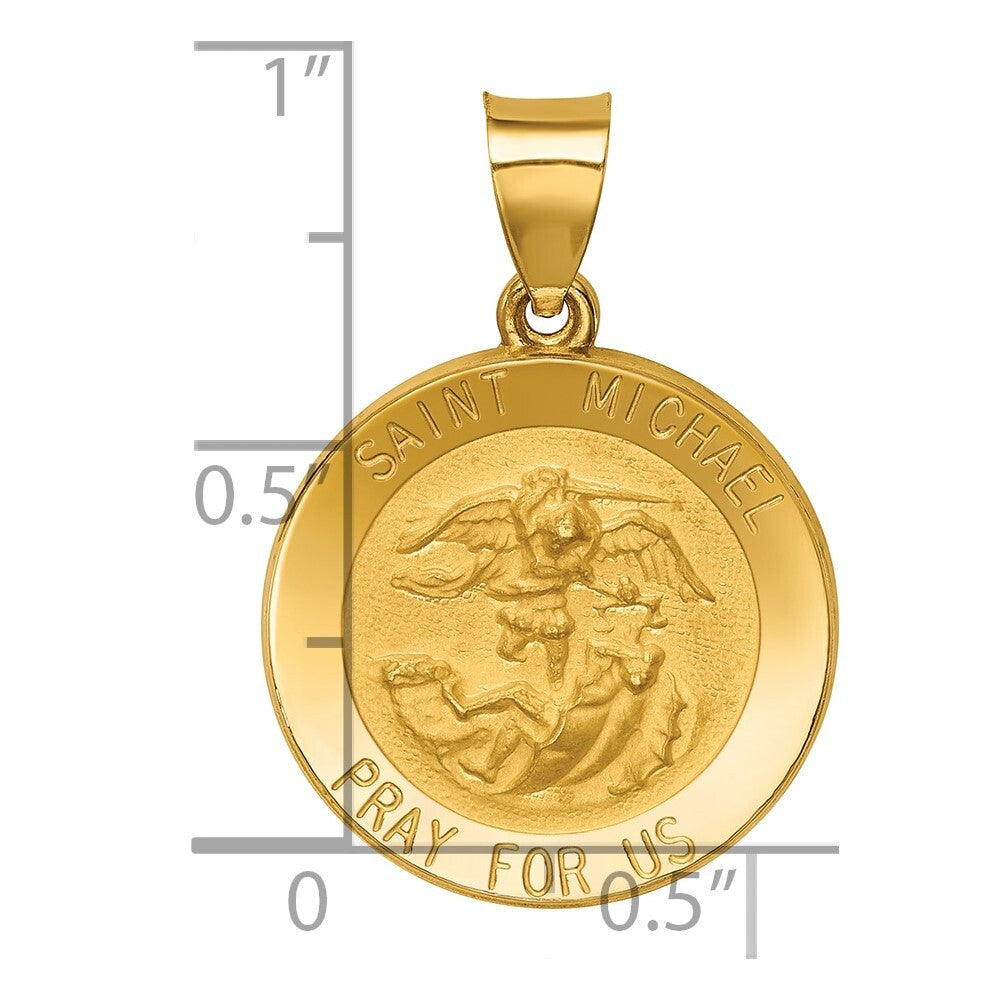 14k Yellow Gold Polished and Satin St Michael Medal Hollow Pendant for Women