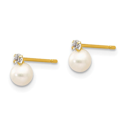 14k Yellow Gold 5-6mm Near Round FW Cultured Pearl Cubic Zirconia Stud Earrings