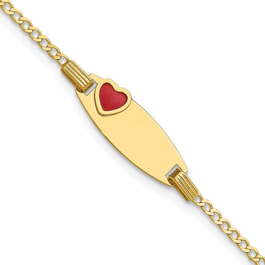 14k Yellow Gold  Red Enameled Heart on 18x5mm Plate 5.5" Baby/Child ID Bracelet