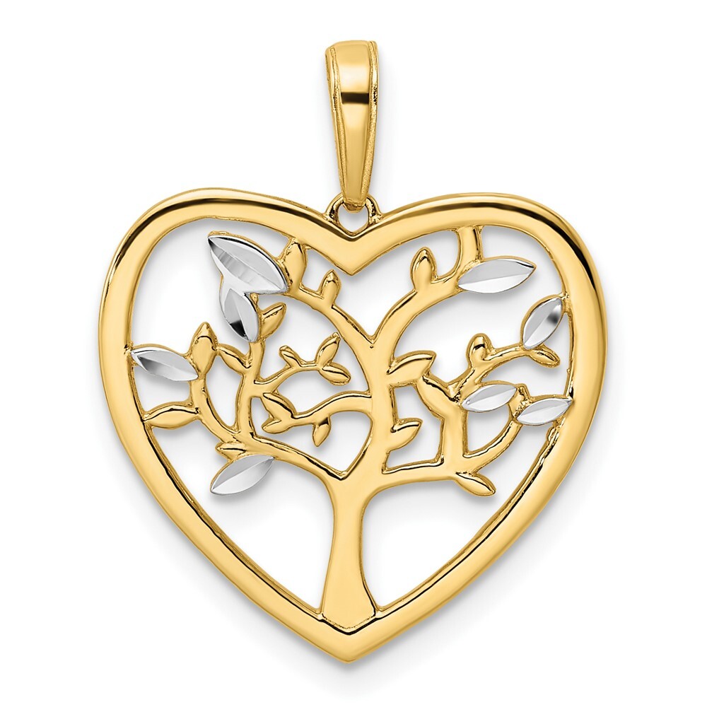 14k Yellow Gold and White Rhodium Diamond-cut Tree of Life Heart Pendant