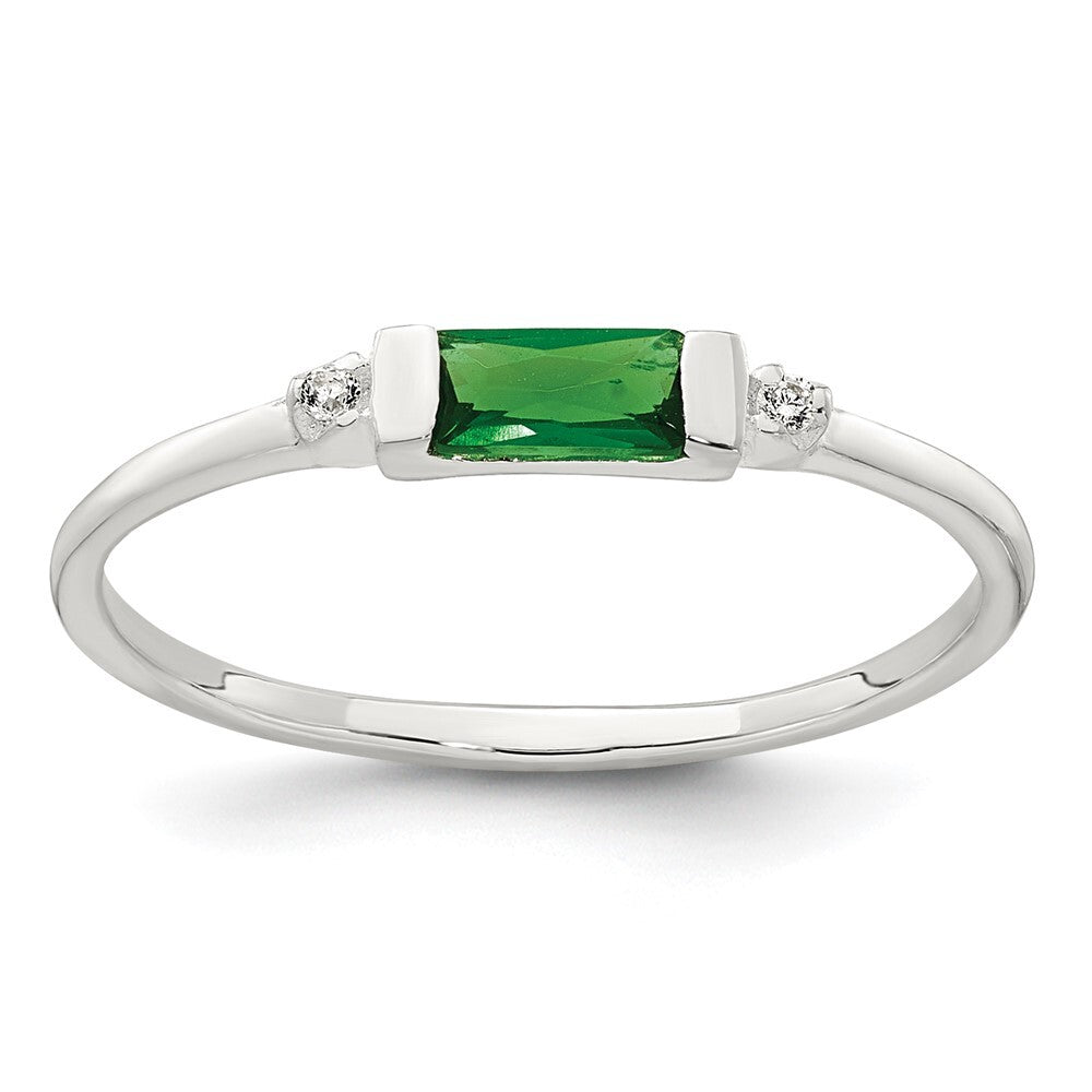 Sterling Silver Polished Green and White Rectangular CZ Ring Size 7