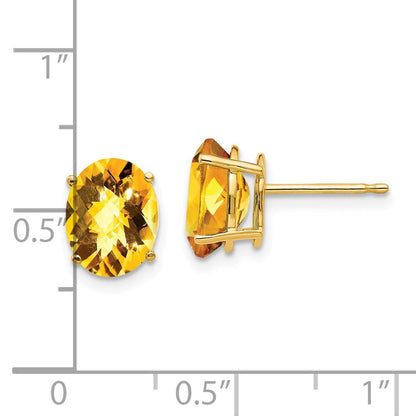 14k Yellow Gold 9x7mm Oval Citrine Checker Stud Earrings
