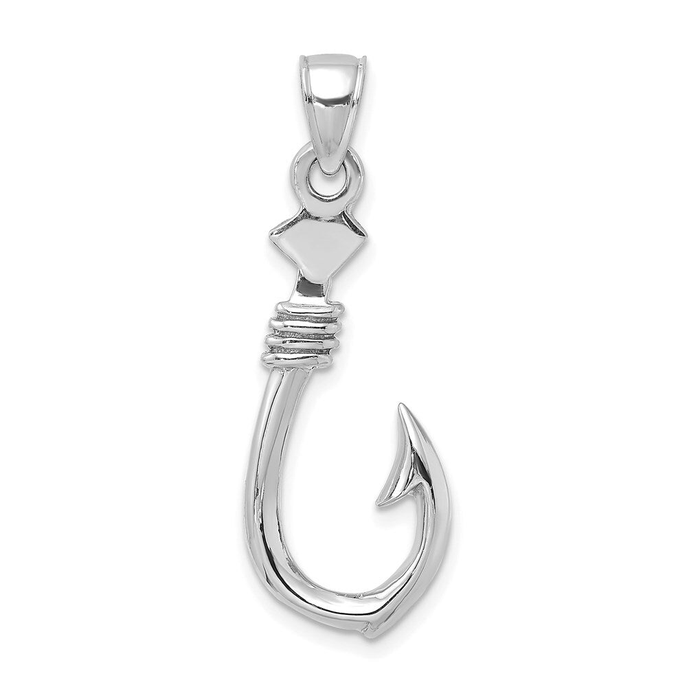 14k White Gold 3-D Large Fish Hook with Rope Charm Pendant for Women