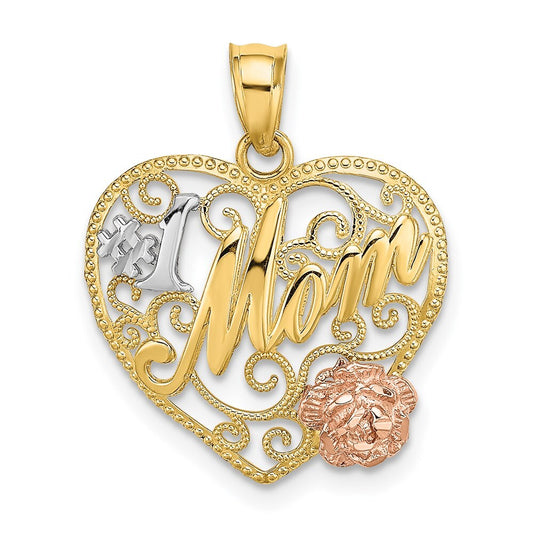 14k Two-tone Gold White Rhodium #1 MOM Heart Charm Pendant for Women