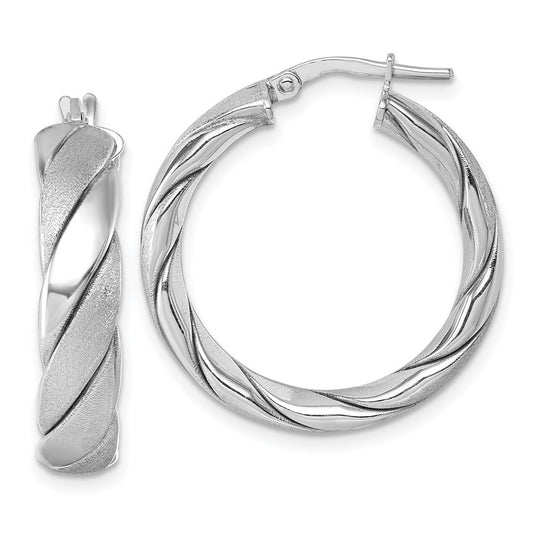 Sterling Silver Polished and Scratch Finish 6 x 26mm Twisted Tube Hoop Earrings