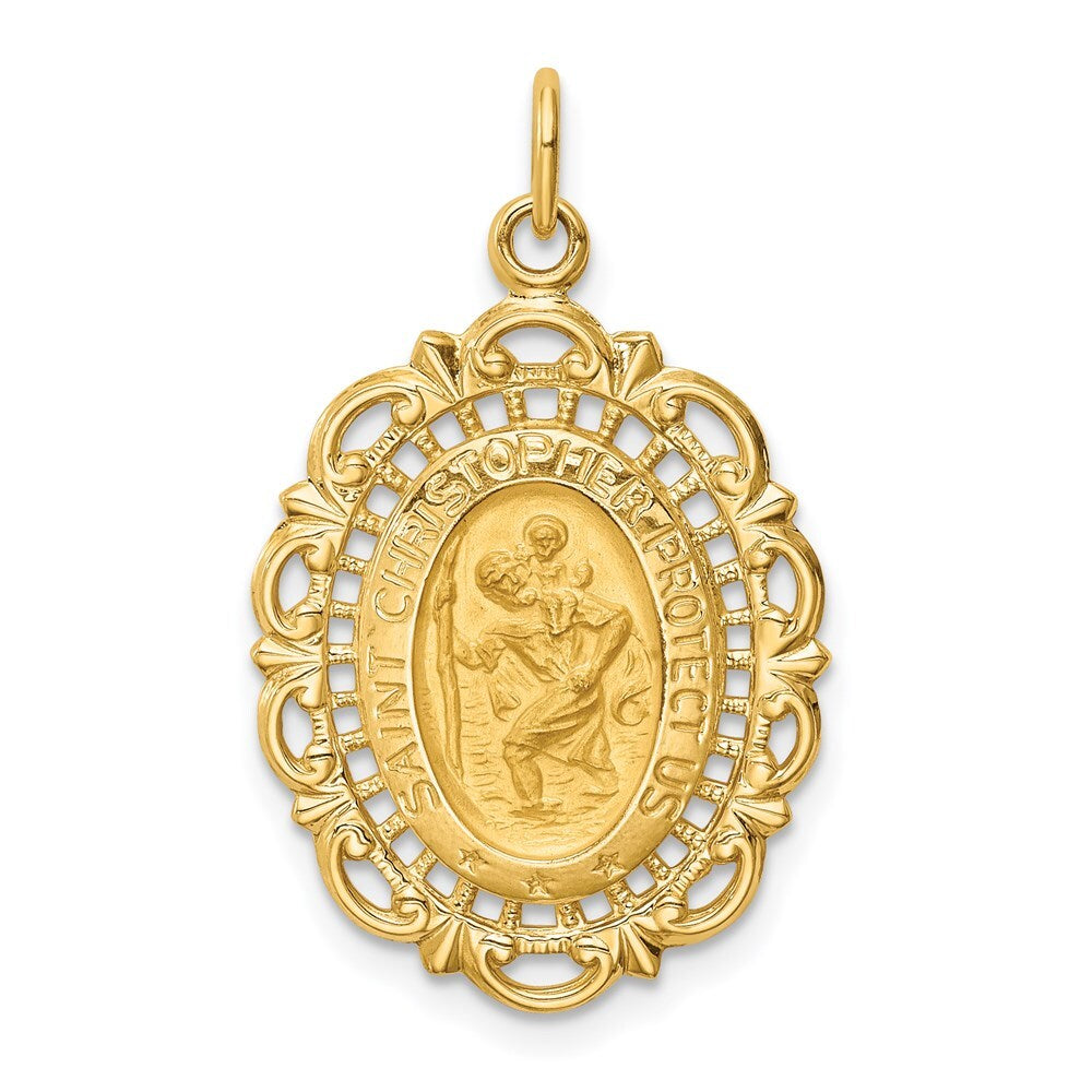 14k Yellow Gold Solid Satin Medium Pierced Oval St. Christopher Medal Pendant