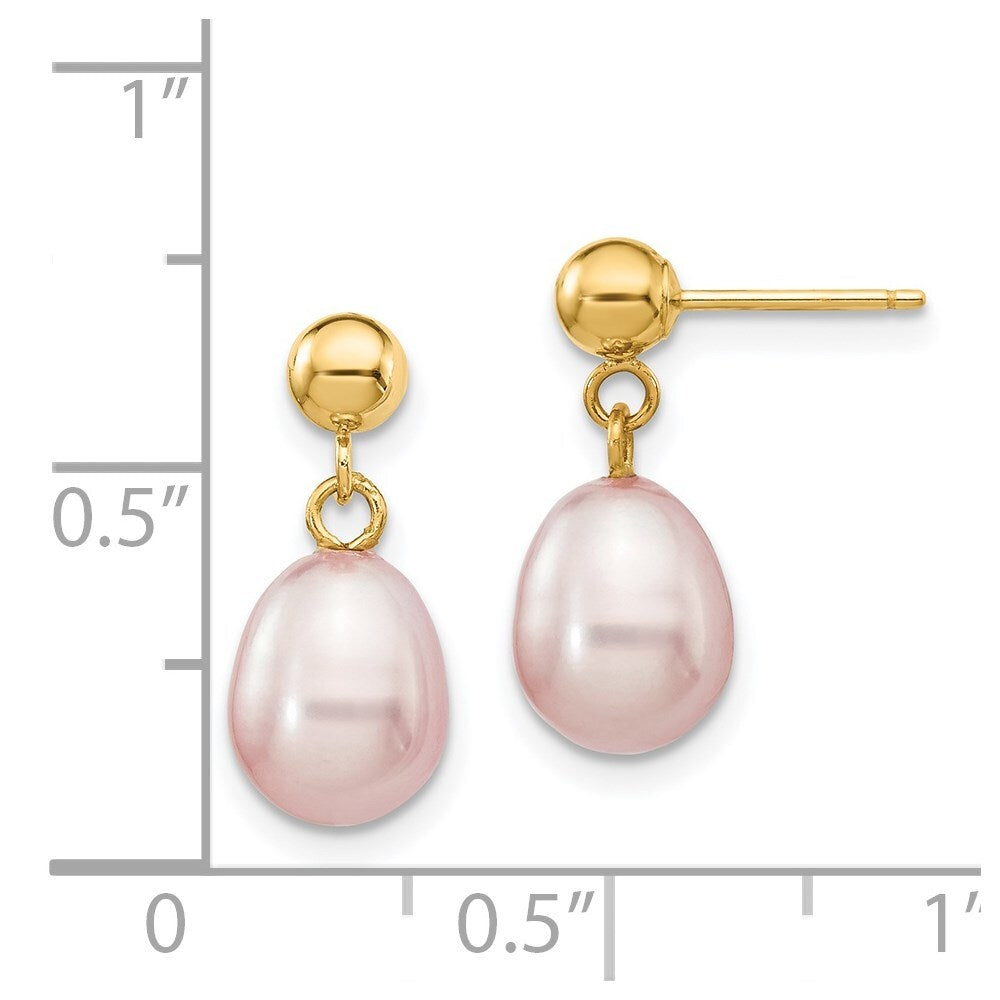 14k Yellow Gold 7-8mm Purple Rice Freshwater Cultured Pearl Dangle Earrings