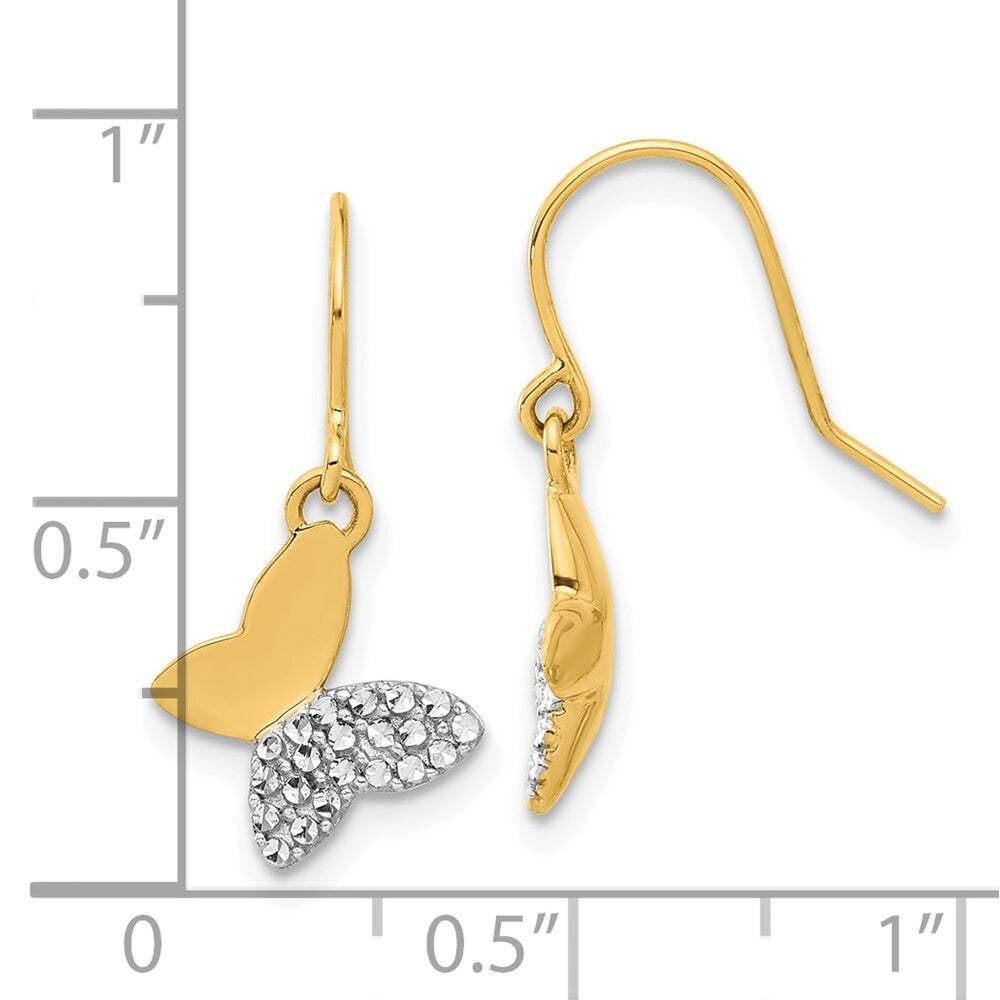 14k Yellow Gold and White Rhodium Diamond-Cut Butterfly Dangle Earrings