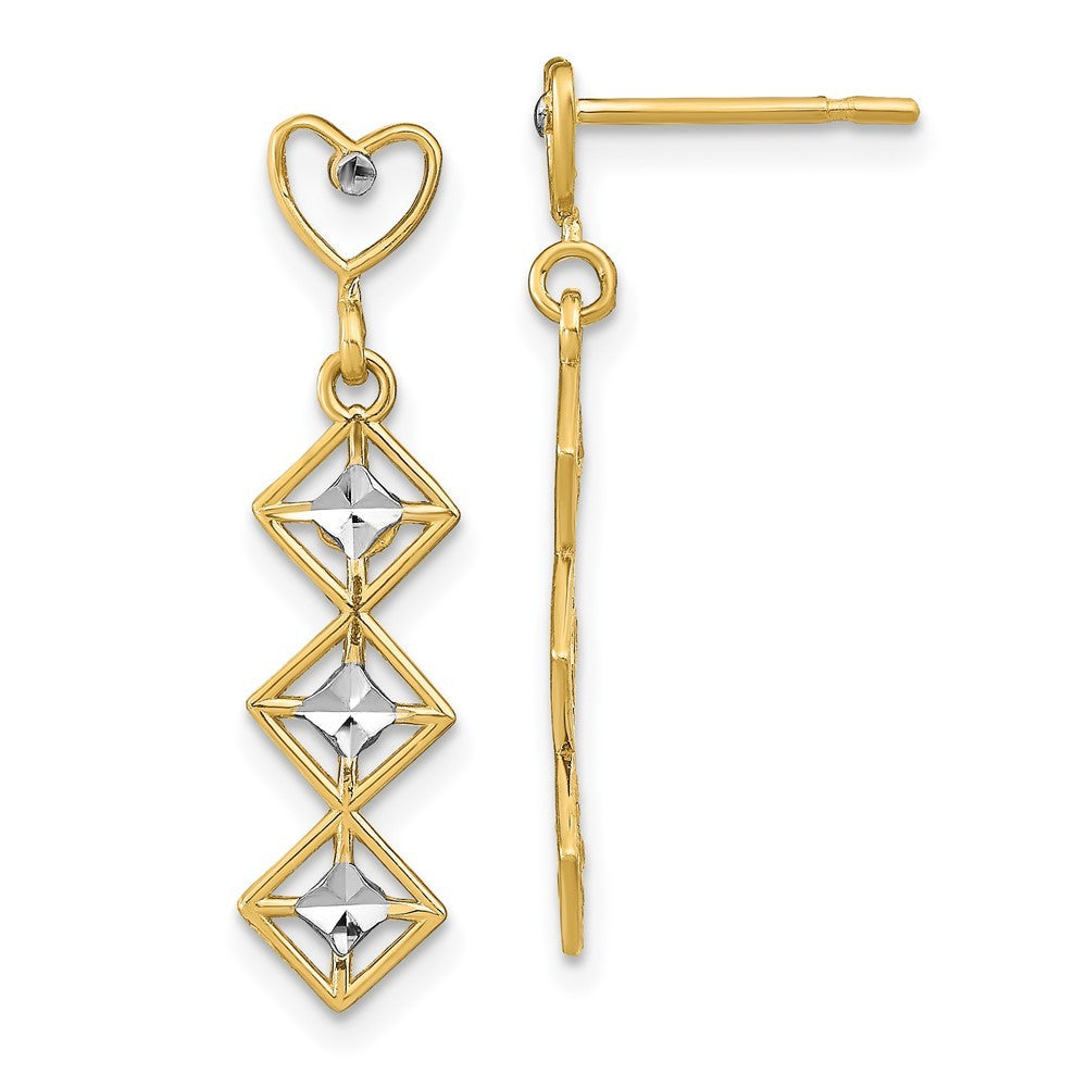 14k Yellow Gold w/RH Diamond-Cut Heart and Diamond Shape Dangle Earrings
