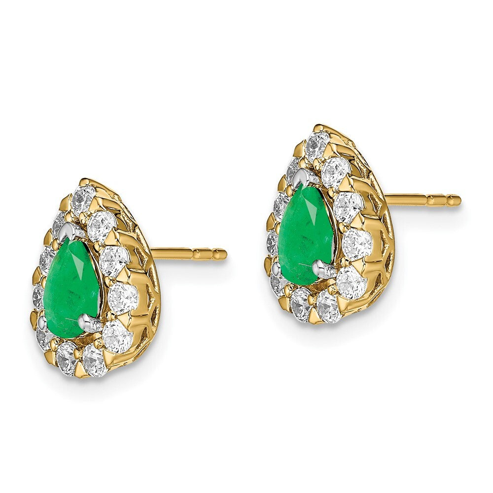 14k Yellow Gold Pear Emerald and Diamond Halo Stud Earrings