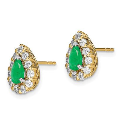 14k Yellow Gold Pear Emerald and Diamond Halo Stud Earrings