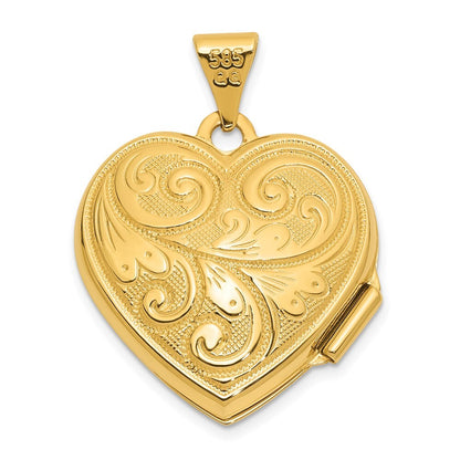 14k Yellow Gold 19mm Scroll Design Reversible Heart Locket Pendant for Women