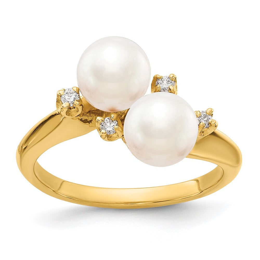 14K Yellow Gold 6mm FW Cultured Pearl AA Diamond ring