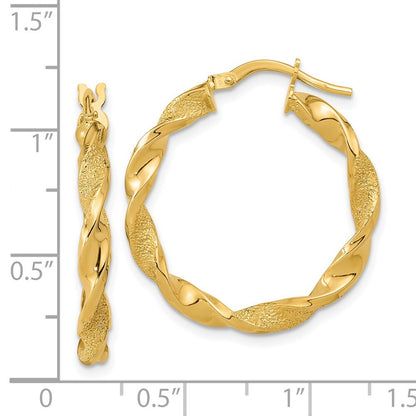 14k Yellow Gold Polished and Textured Twisted Hoop Earrings