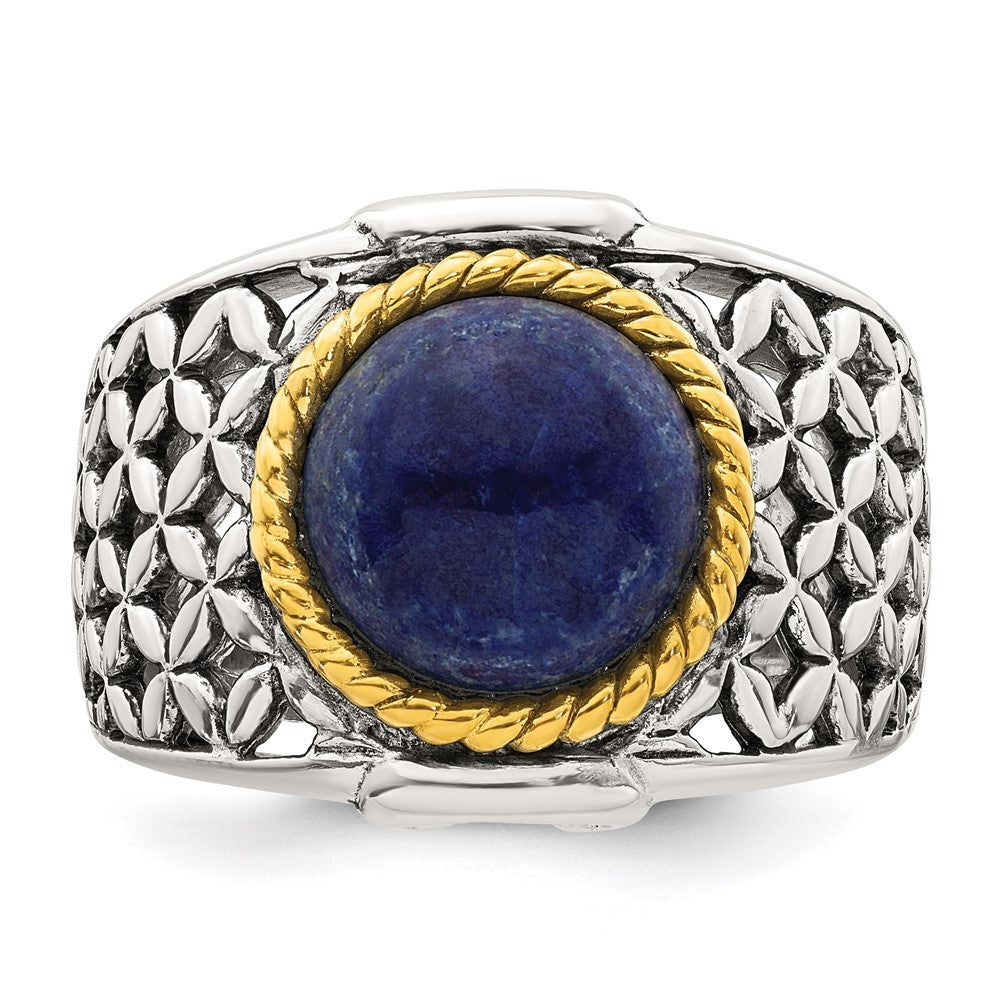 Sterling Silver Antiqued Gold Accent Lapis Cabochon Woven Pattern Ring Sz 7