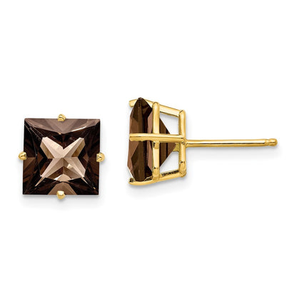 14k Yellow Gold 8mm Square Smoky Quartz Stud Earrings Gift for Women