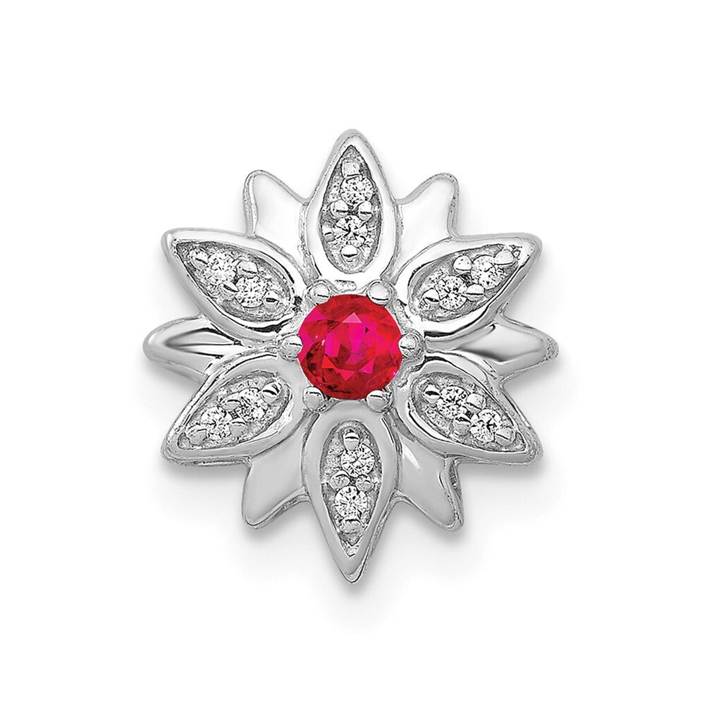 14k White Gold 1/20ct. Diamond and Ruby Flower Chain Slide Pendant for Women