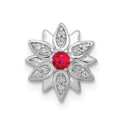 14k White Gold 1/20ct. Diamond and Ruby Flower Chain Slide Pendant for Women