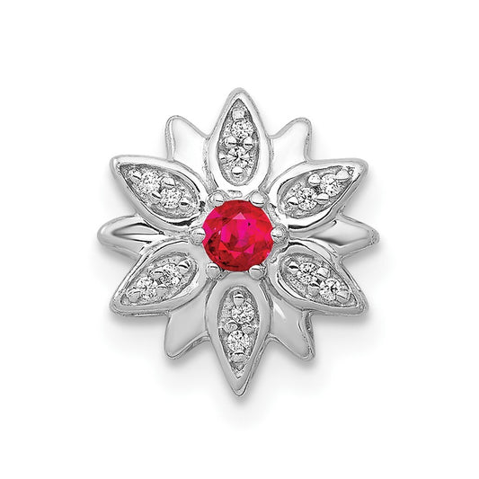 14k White Gold 1/20ct. Diamond and Ruby Flower Chain Slide Pendant for Women