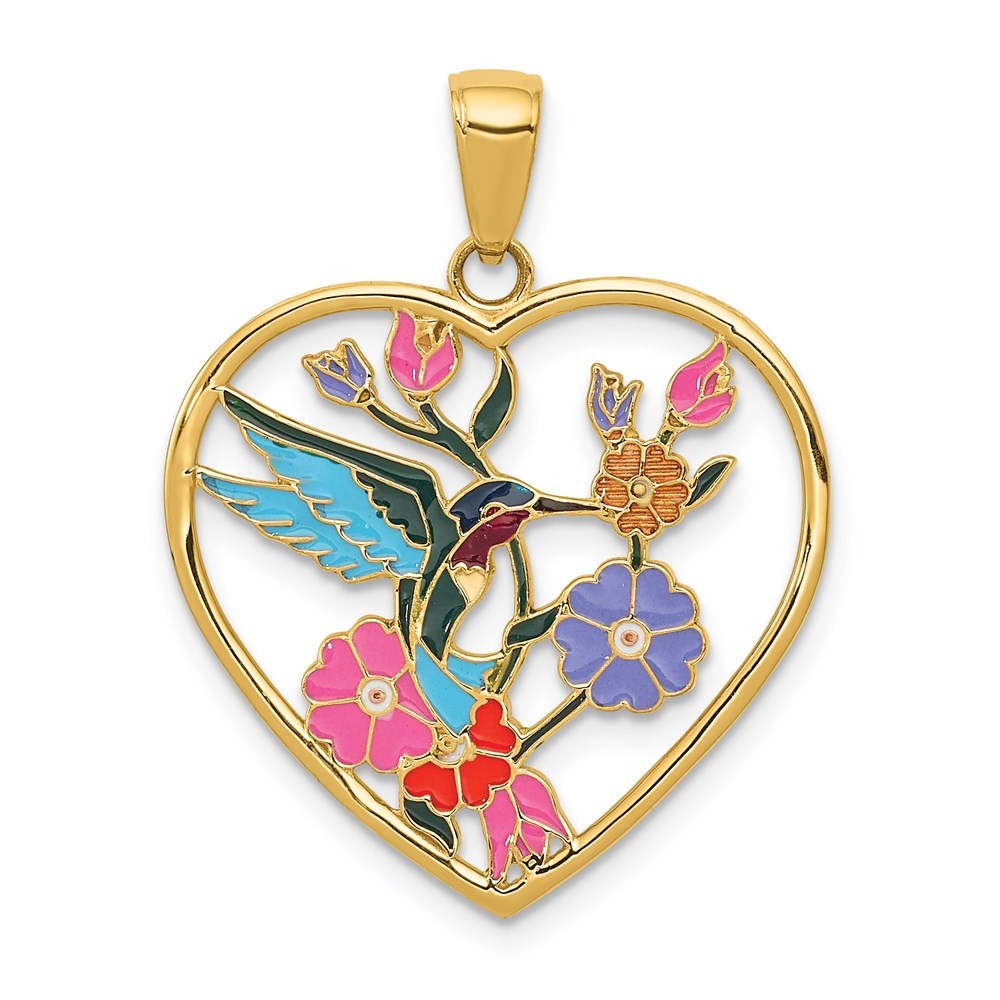 14k Yellow Gold Enameled Hummingbird Flowers Heart Pendant