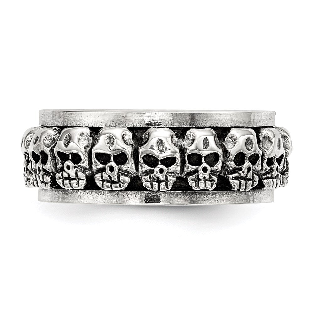 Sterling Silver Polished Spinning Center Antiqued Skull Ring Size 10