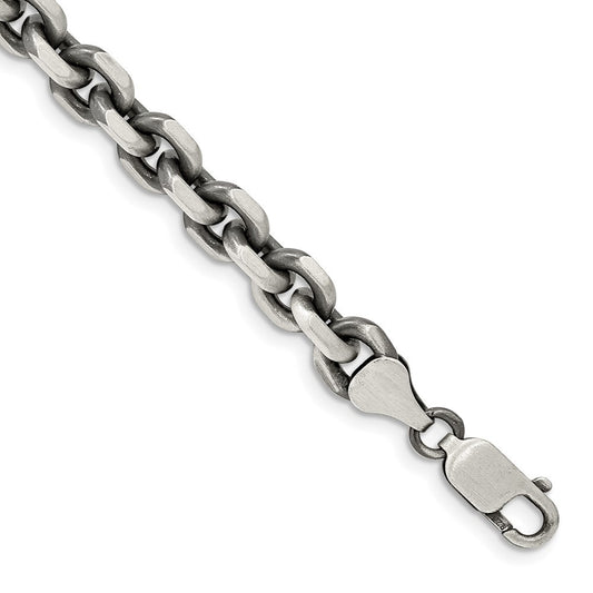 Sterling Silver Antiqued 7.0mm Diamond-Cut Elongated Open Link Chain Bracelet