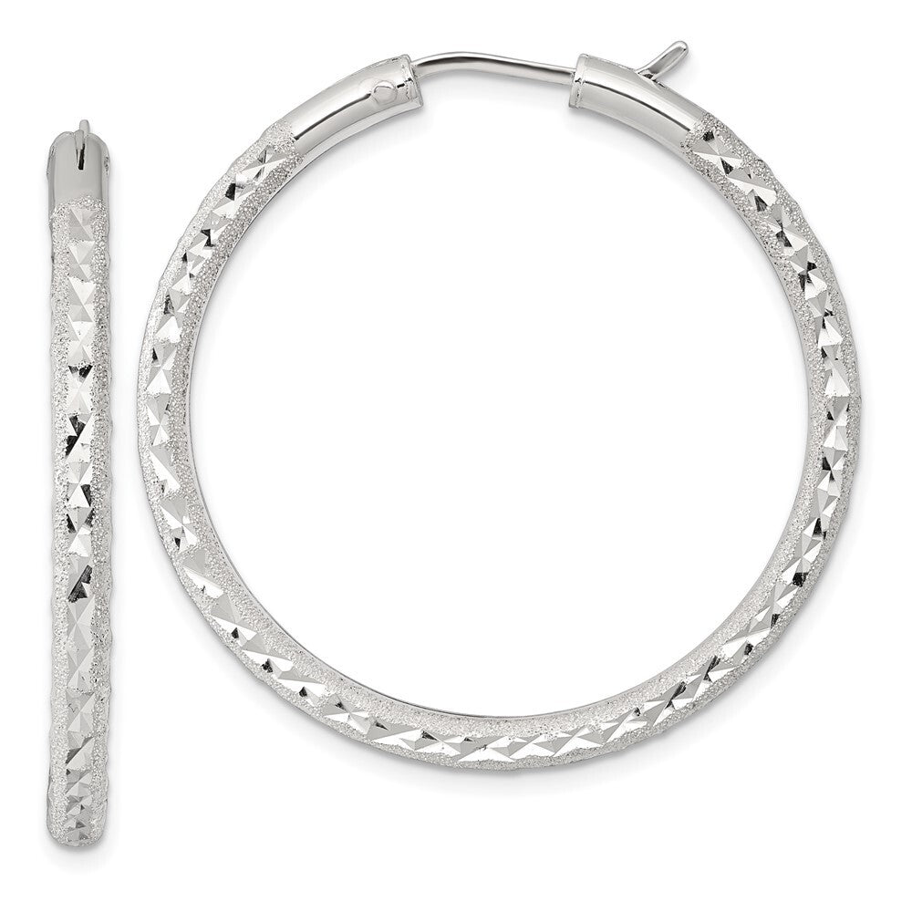Sterling Silver Laser and Diamond-cut 40x3.25mm Hidden Catch Round Hoop Earrings