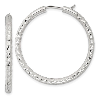 Sterling Silver Laser and Diamond-cut 40x3.25mm Hidden Catch Round Hoop Earrings