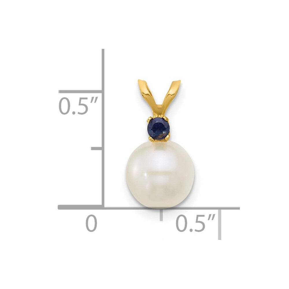 14k Yellow Gold 7-7.5mm White Round Freshwater Cultured Pearl & Sapphire Pendant