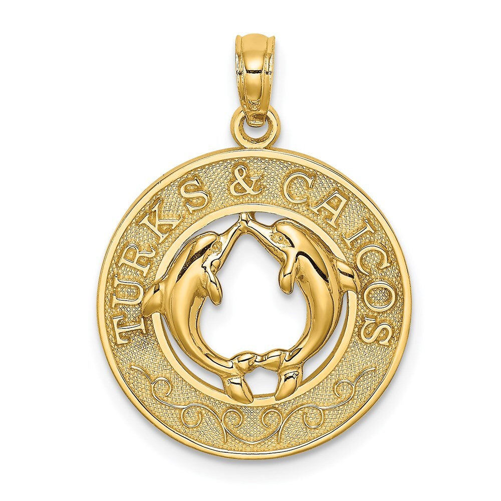 14k Yellow Gold TURKS AND CAICOS  Dolphins Circle Charm Pendant for Women