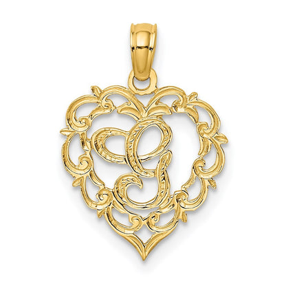 14k Yellow Gold Heart Script Letter G Initial Charm