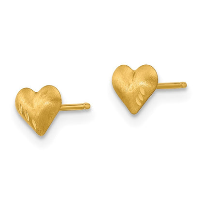 14k Yellow Gold Diamond-Cut & Satin Puffed Heart Stud Earrings Gift for Women
