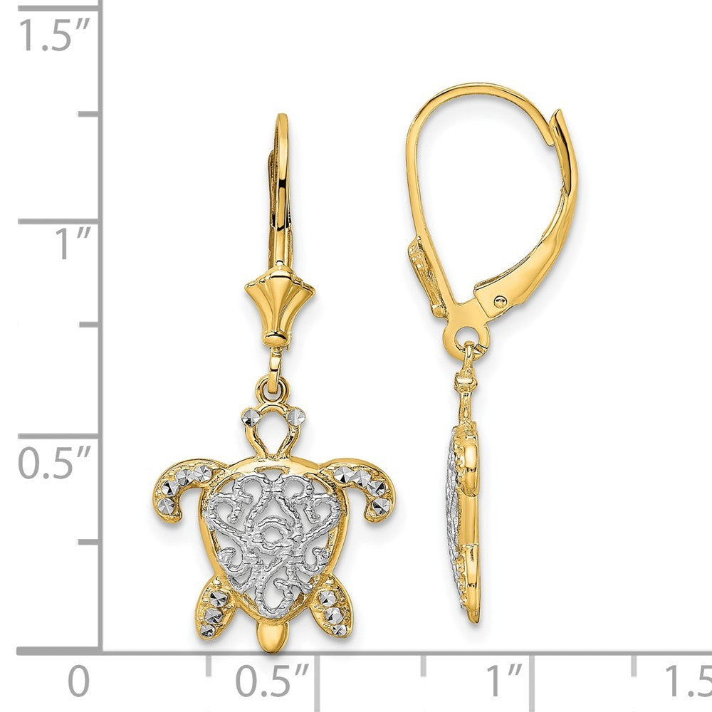 14k Yellow Gold & White Rhodium Diamond-Cut Filigree Turtle Drop Dangle Earrings