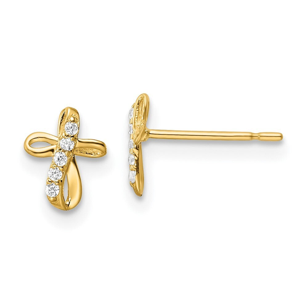 14k Yellow Gold Cubic Zirconia Cross Stud Earrings Gift for Women