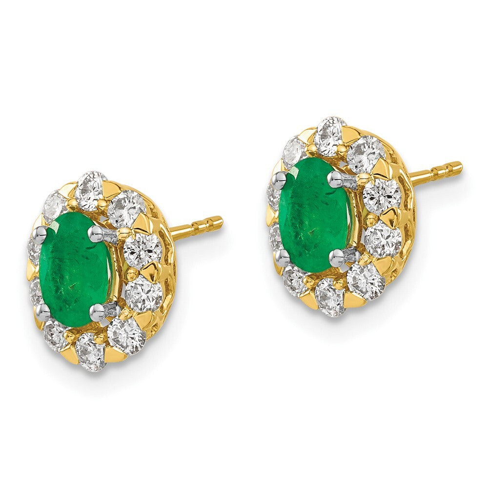 14k Yellow Gold Oval Emerald and Diamond Halo Stud Earrings