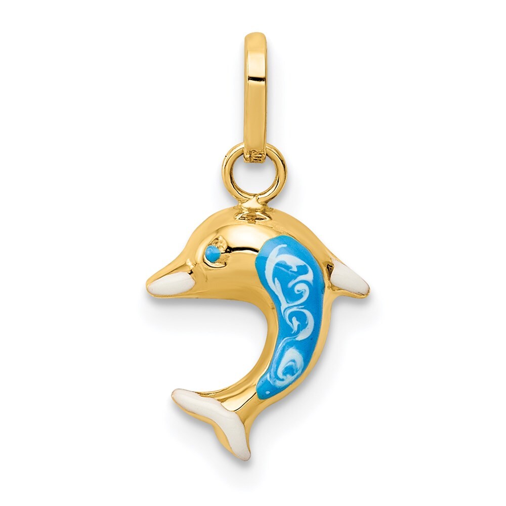 14k Yellow Gold Enameled Dophin Charm Pendant for Women