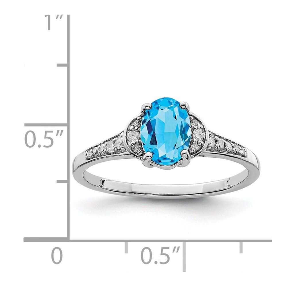 Sterling Silver Rhodium Oval Blue Topaz & Diamond Ring Size 7