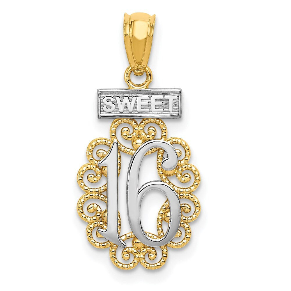 14k Yellow Gold Rhodium SWEET 16 Filigree Pendant for Women
