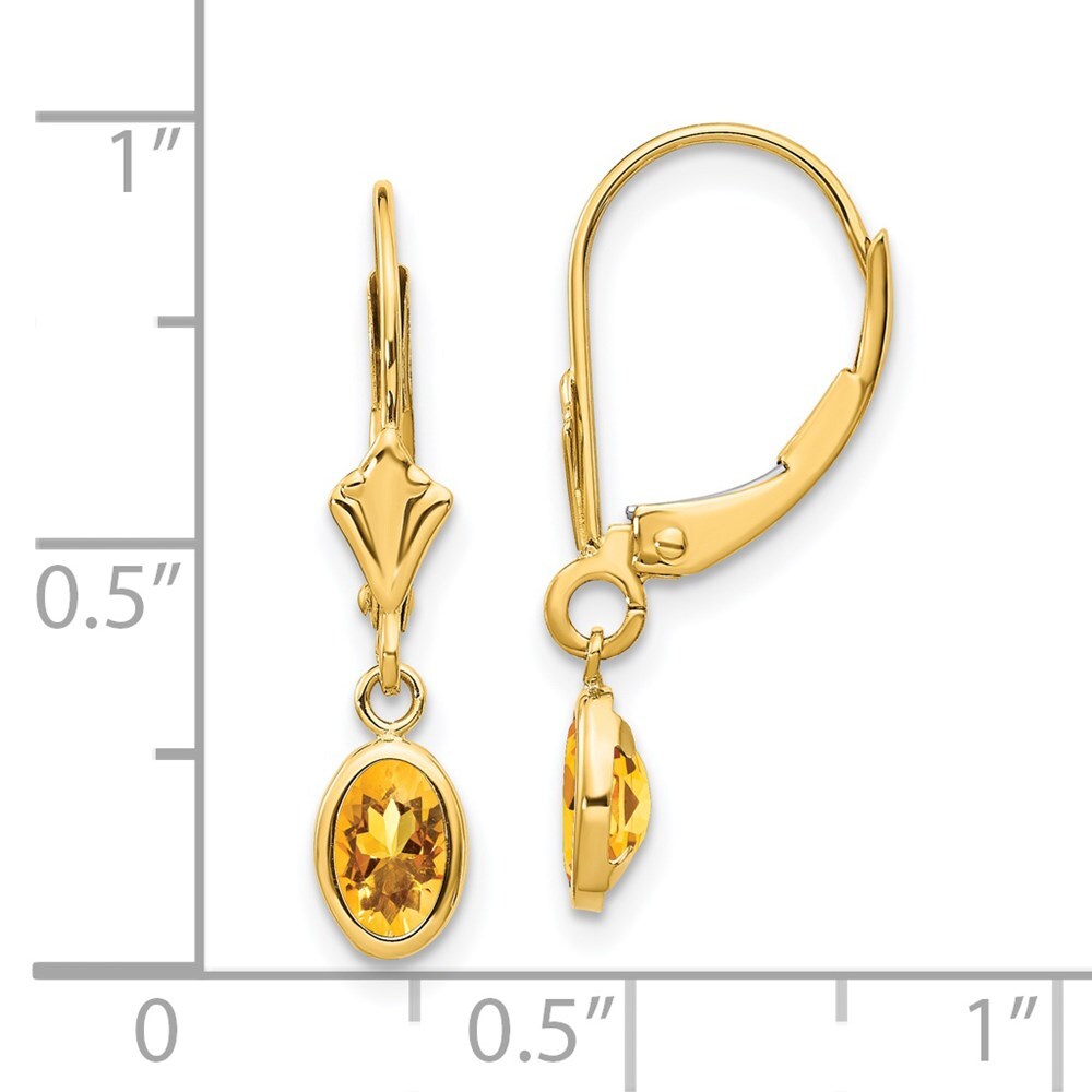 14k Yellow Gold 6x4 Oval Bezel November/Citrine Dangle Earrings Leverback