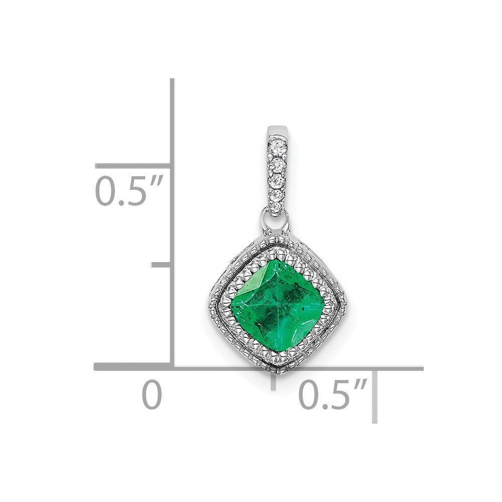 14k White Gold Cushion Emerald and Diamond Pendant