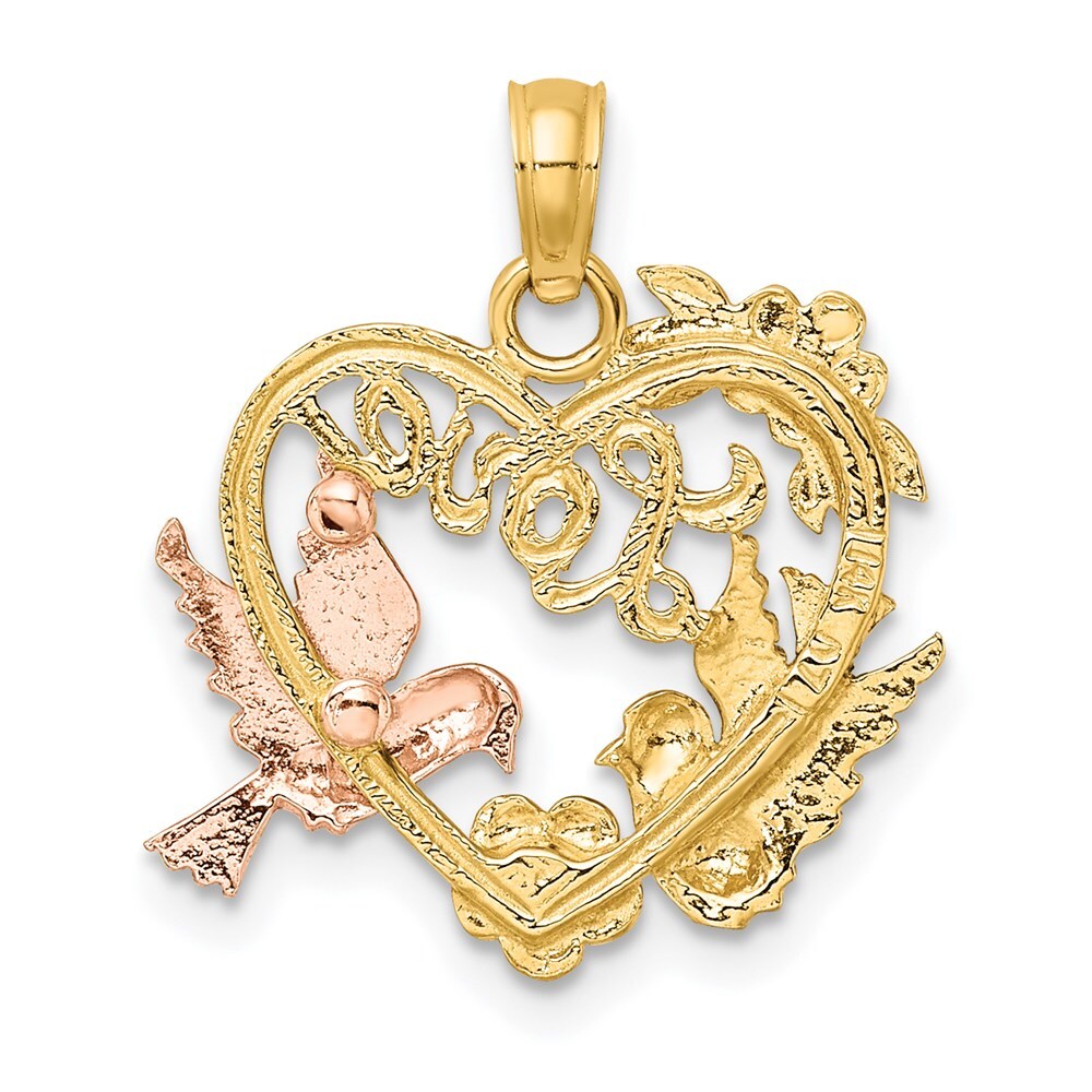 14k Yellow and Rose Gold Rhodium LOVE Doves Heart Charm Pendant for Women