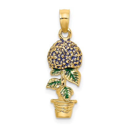 14k Yellow Gold 3-D Enameled Lavender Hydrangea Flowers In Pot Charm Pendant