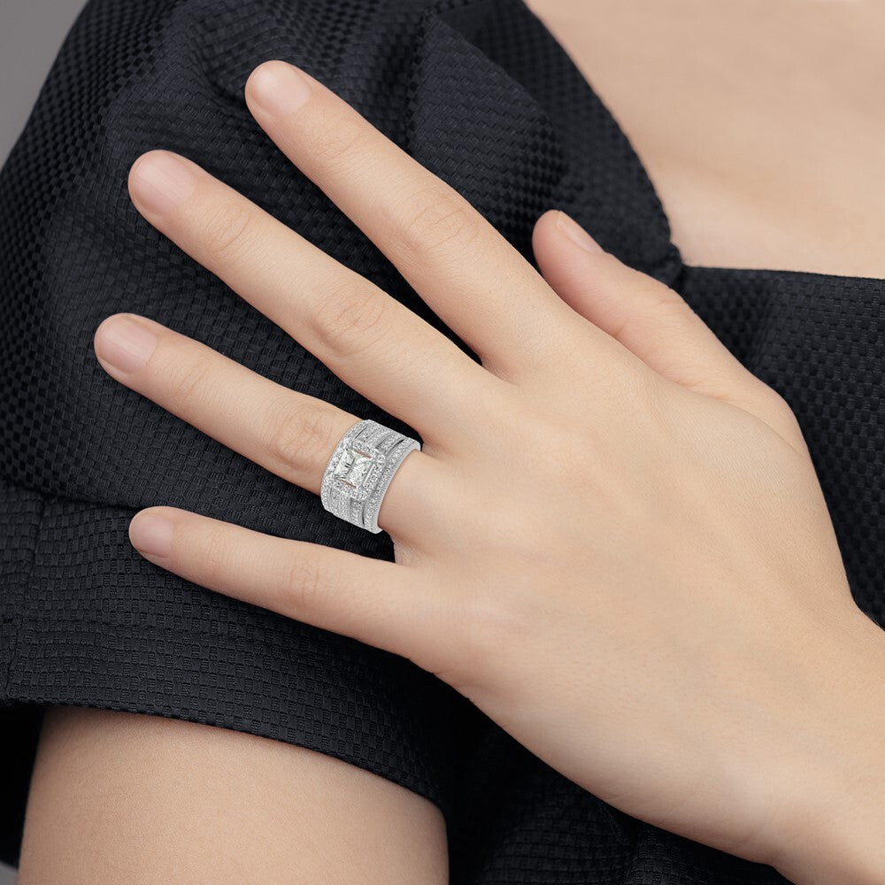 Sterling Silver Rhodium plated CZ 3 piece Bridal Ring Set Size 7
