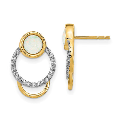 14k Yellow Gold Polished Diamond & Opal Circle Stud Earrings