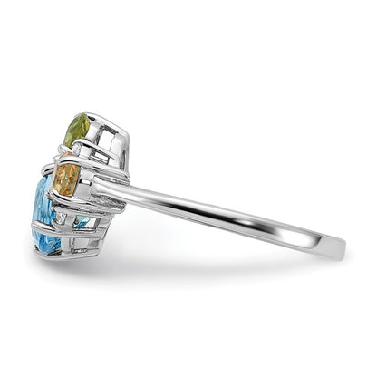 SS Rh Lt.Swiss Blue Topaz/ White Topaz and Peridot and Citrine Ring Size 7