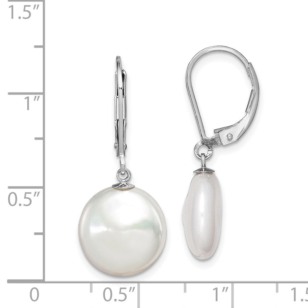 Sterling Silver 12-13mm Coin Freshwater Cultured Pearl Leverback Dangle Earrings