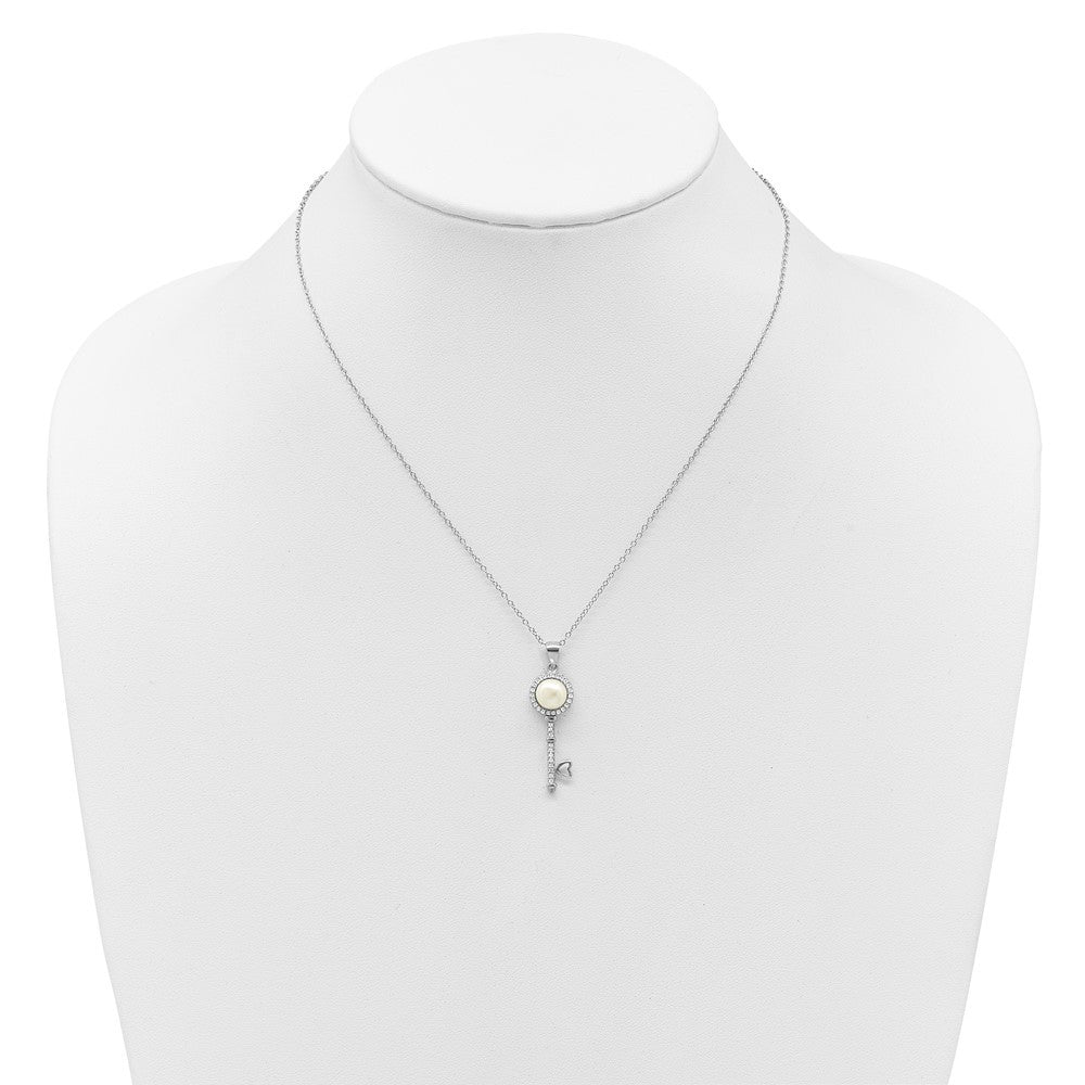 Sterling Silver 7mm Butto Freshwater Cultured Pearl and CZ Key 17" Necklace