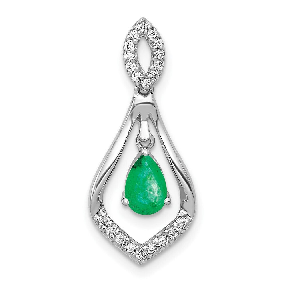 14k White Gold Diamond and Teardrop Emerald Dangle Pendant for Women